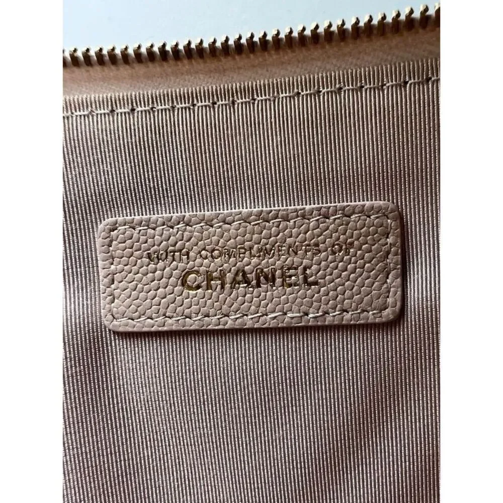 Chanel Caviar Chevron Quilted Large Beige Leather Cosmetic Clutch Bag